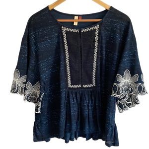 Pilcro Letterpress Anthropologie Navy Blue Orchid Embroidery Flounce Blouse
